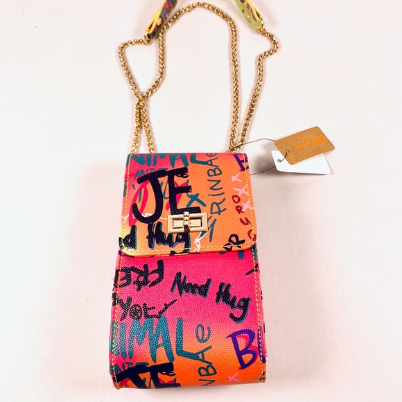 Hello 3 am Handbags - Hello 3AM graffiti streetwear gold tone chain pink blue orange black crossbody